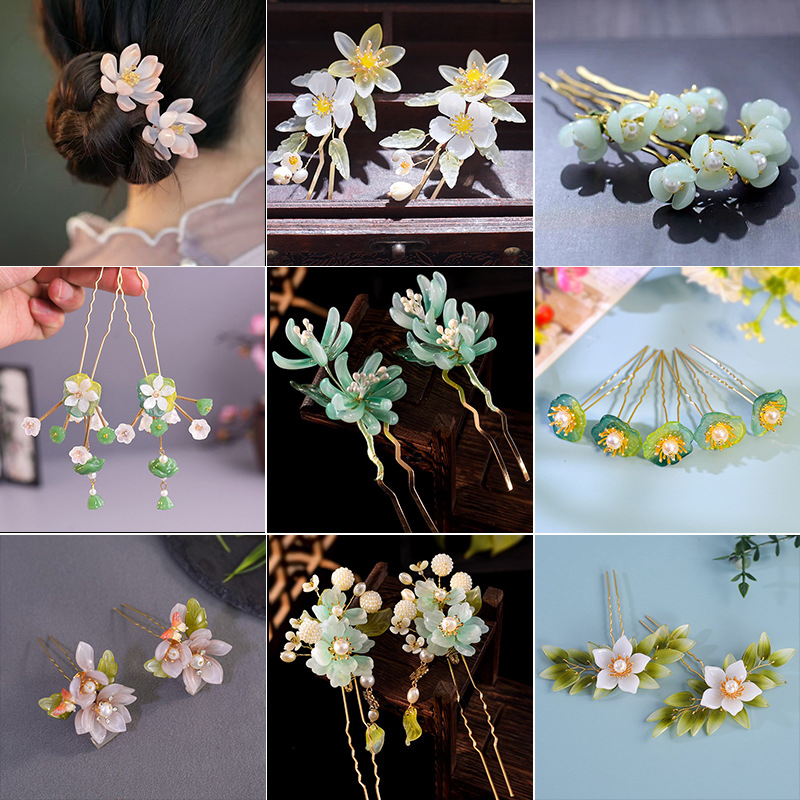 Hair Fork Stick - 1Pair Vintage Hairpin Glazed Flower Tiara